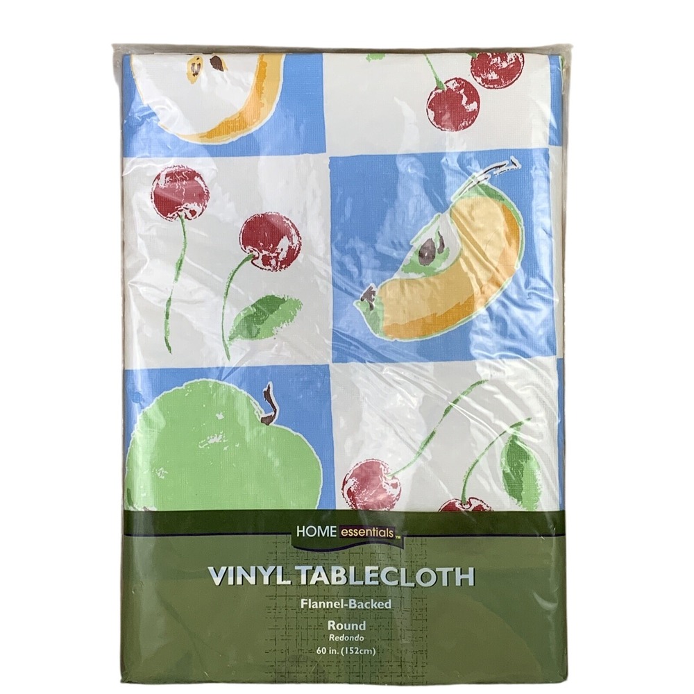 Home Essentials Fruit Print Vinyl Tablecloth Round 60in Flannel Backed Blue NEW
